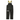 Black insulated bib overalls with yellow straps and a white bass cat logo