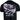 Close up of a black tee with a photo of a black and purple bass cat boat on the water and sponsors printed on the back.
