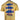 Close up of a butter yellow tee with blue and pink fish illustrations and a purple Bass Cat logo down the back.