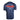 Back of a navy blue T-shirt with a red and white bass cat logo.