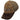 Side of a brown and tan camo trucker hat with a mesh back and a logo on the front.