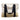 White tote bag with black handles and a straw bottom, featuring a beige and black Bass Cat logo on the front. 