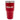 A red insulated tumbler with a stainless steel lid and a logo on the front.