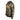 Camo hoodie with orange logo on the front and brown collar.