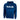 Royal blue hoodie with various black stripes across it and a white and grey bass cat logo on the front.